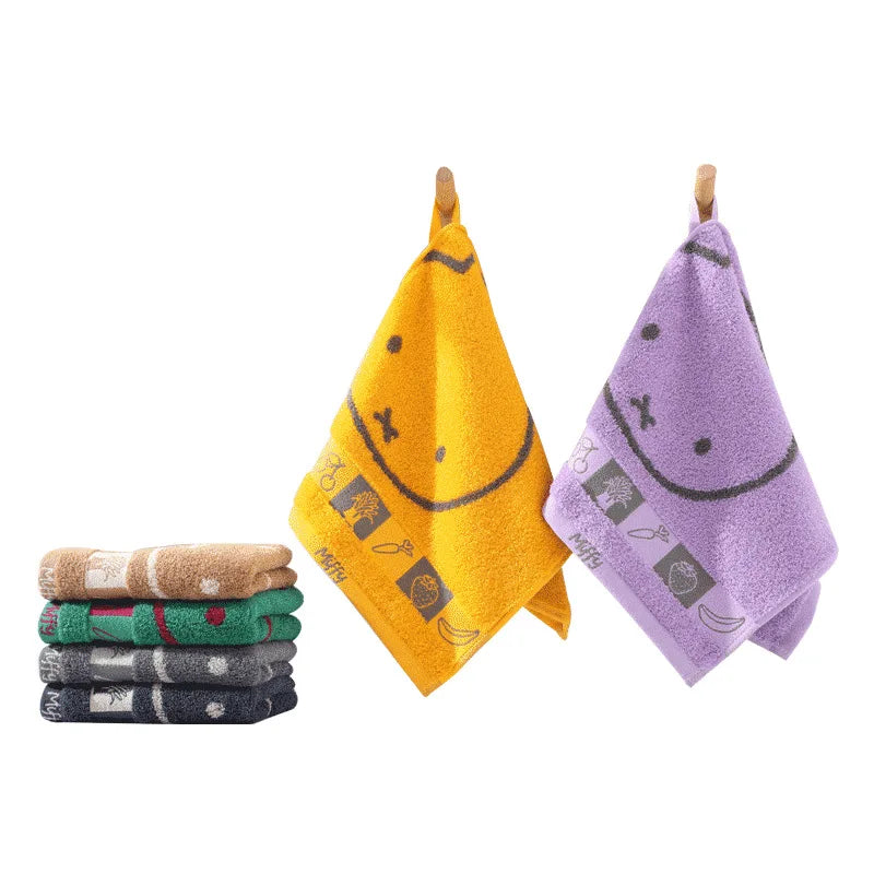 serviette coton lapin miffy dessin animé violet jaune vert gris marron pomme arbre anneaux