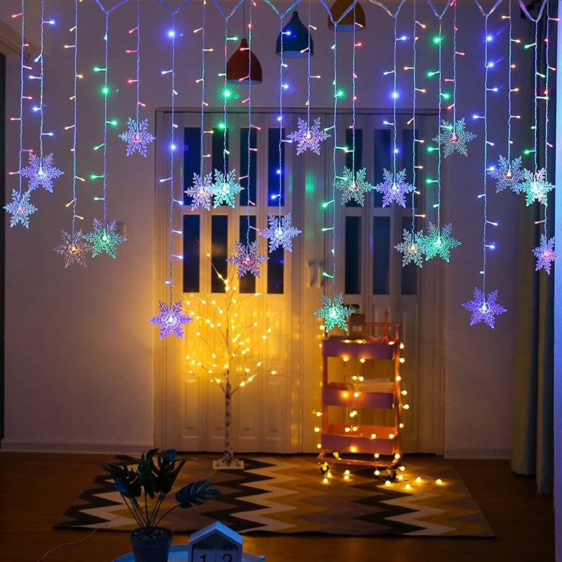 guirlande lumineuse flocons neige étoiles multicolore blanc rouge vert bleu décoration noël festive chambre