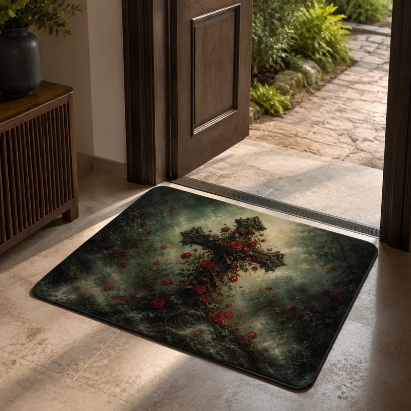 tapis d'entrée gothique croix corbeau noir violet rouge vert anti dérapant polyester résistant