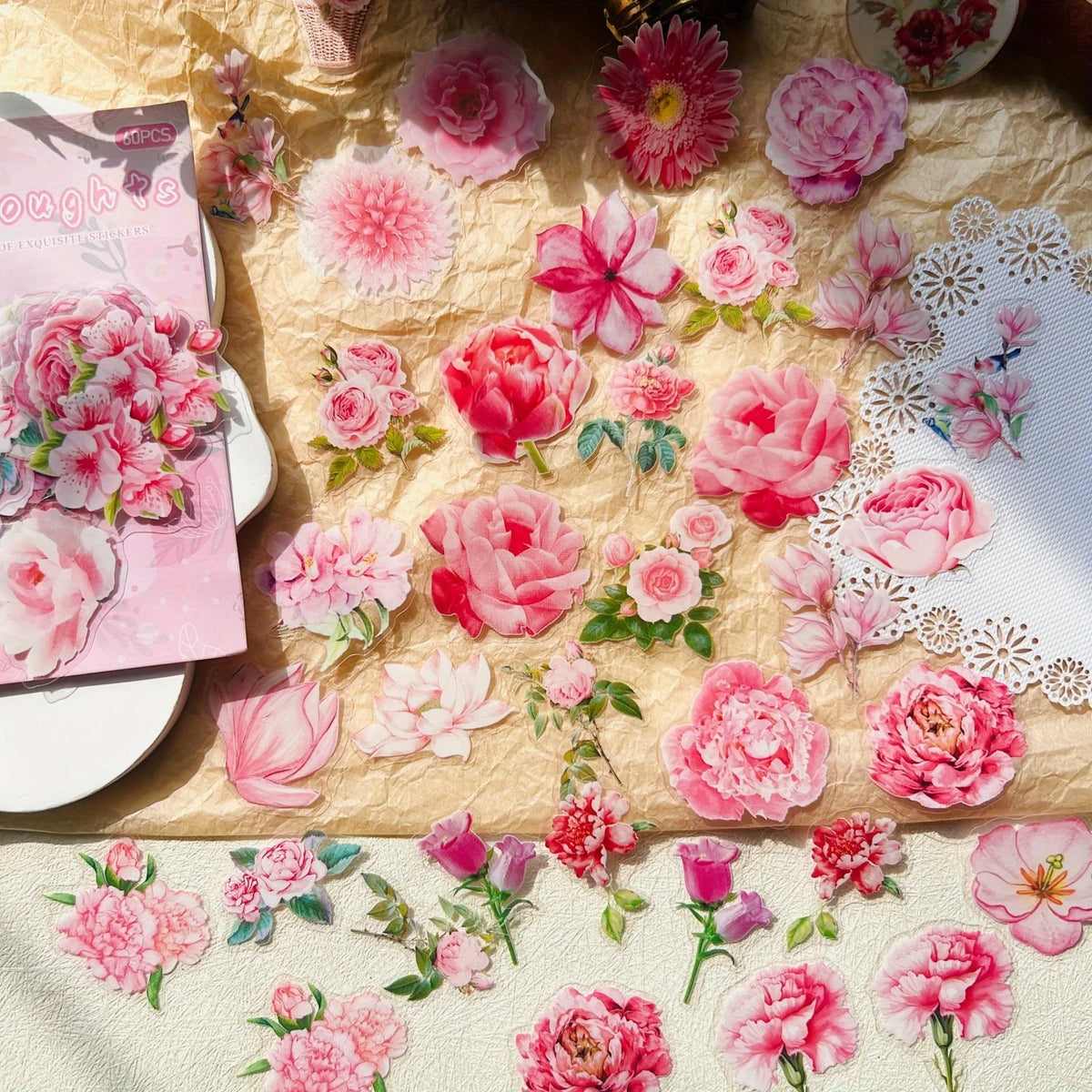 stickers fleurs pivoines marguerites roses jaunes violettes blanches adhésifs naturels planificateur scrapbooking journal création
