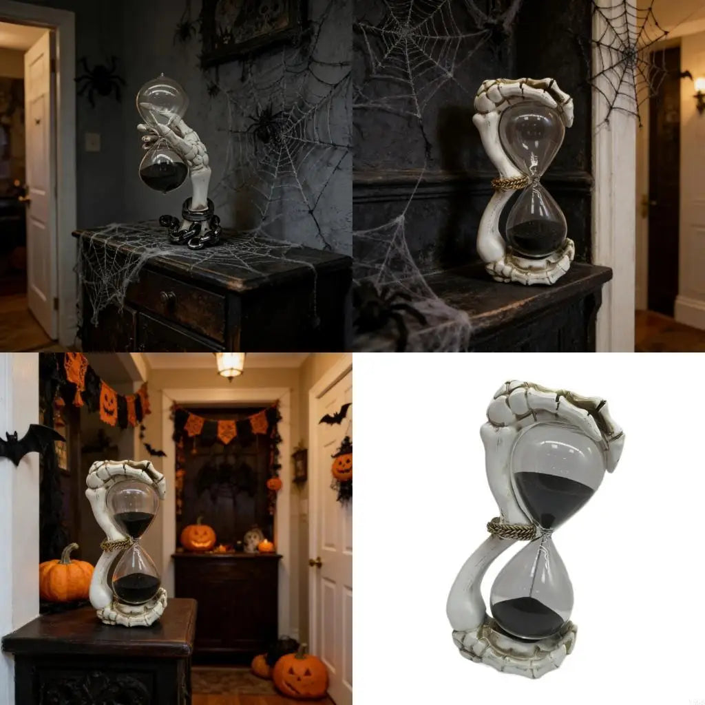 sablier mains squelettiques sable noir verre transparent gothique halloween décoration osseuse textures anciennes meubles