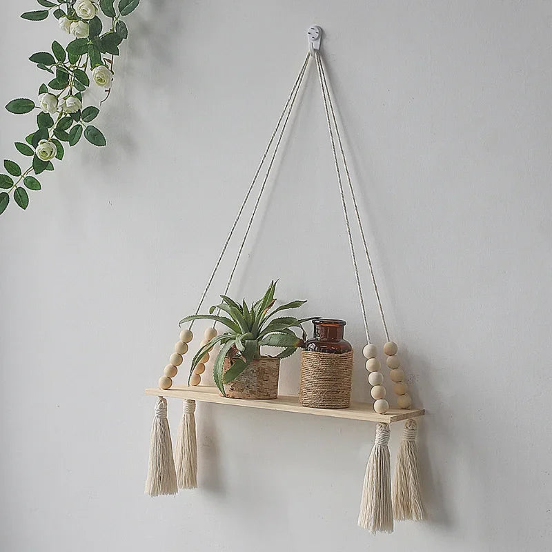 étagères suspendues macramé boho rustique étagères plantes vase céramique cadre photo coussin franges