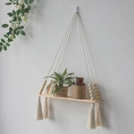 étagères suspendues macramé boho rustique étagères plantes vase céramique cadre photo coussin franges