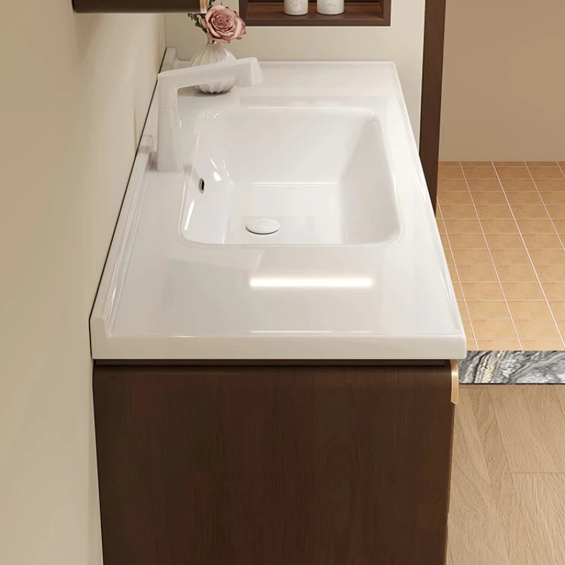 meuble salle bain moderne miroir étagère rangement blanc marron bois naturel