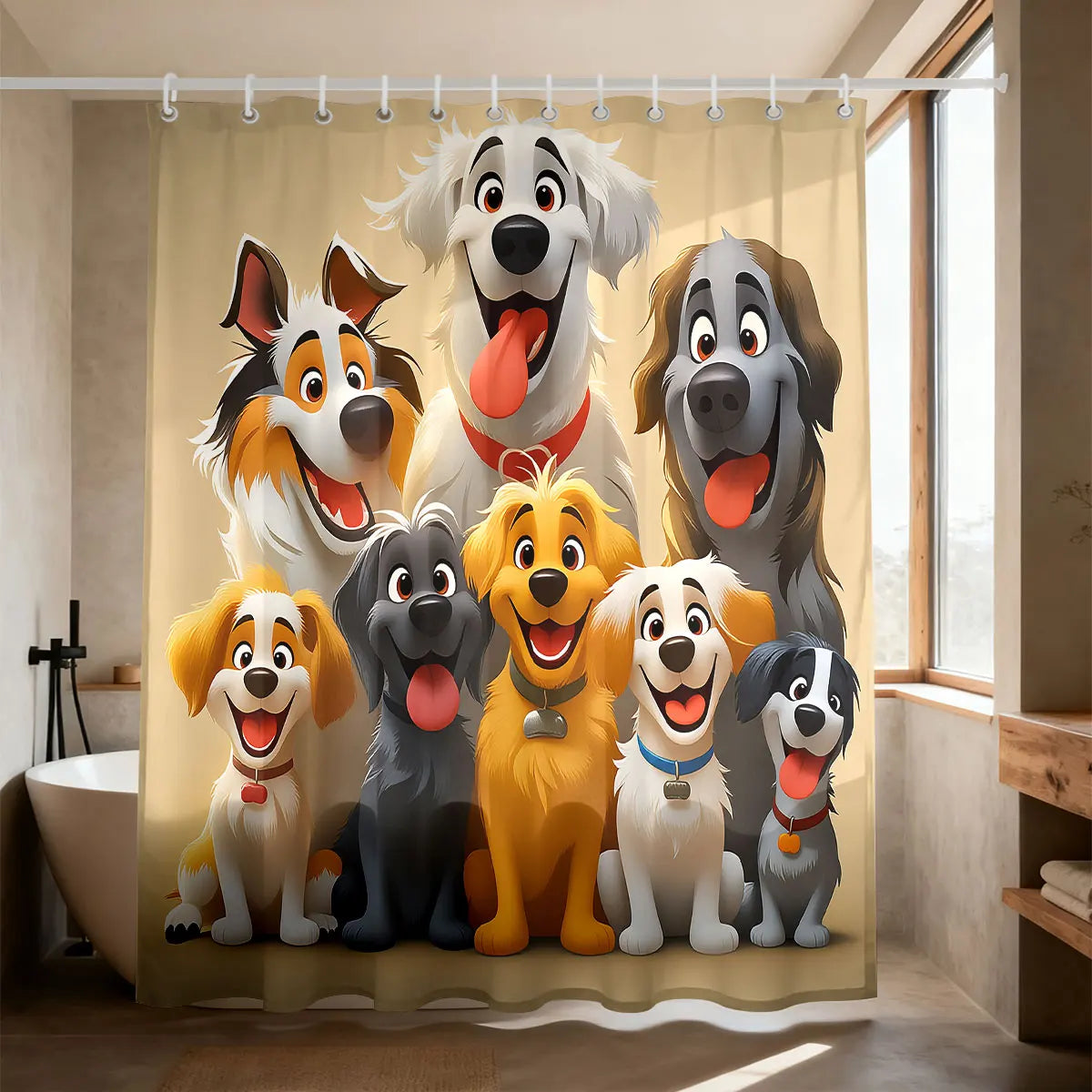 rideau douche moderne illustration chiens mignons opaque polyester crochets blancs beige multicolore salle bain