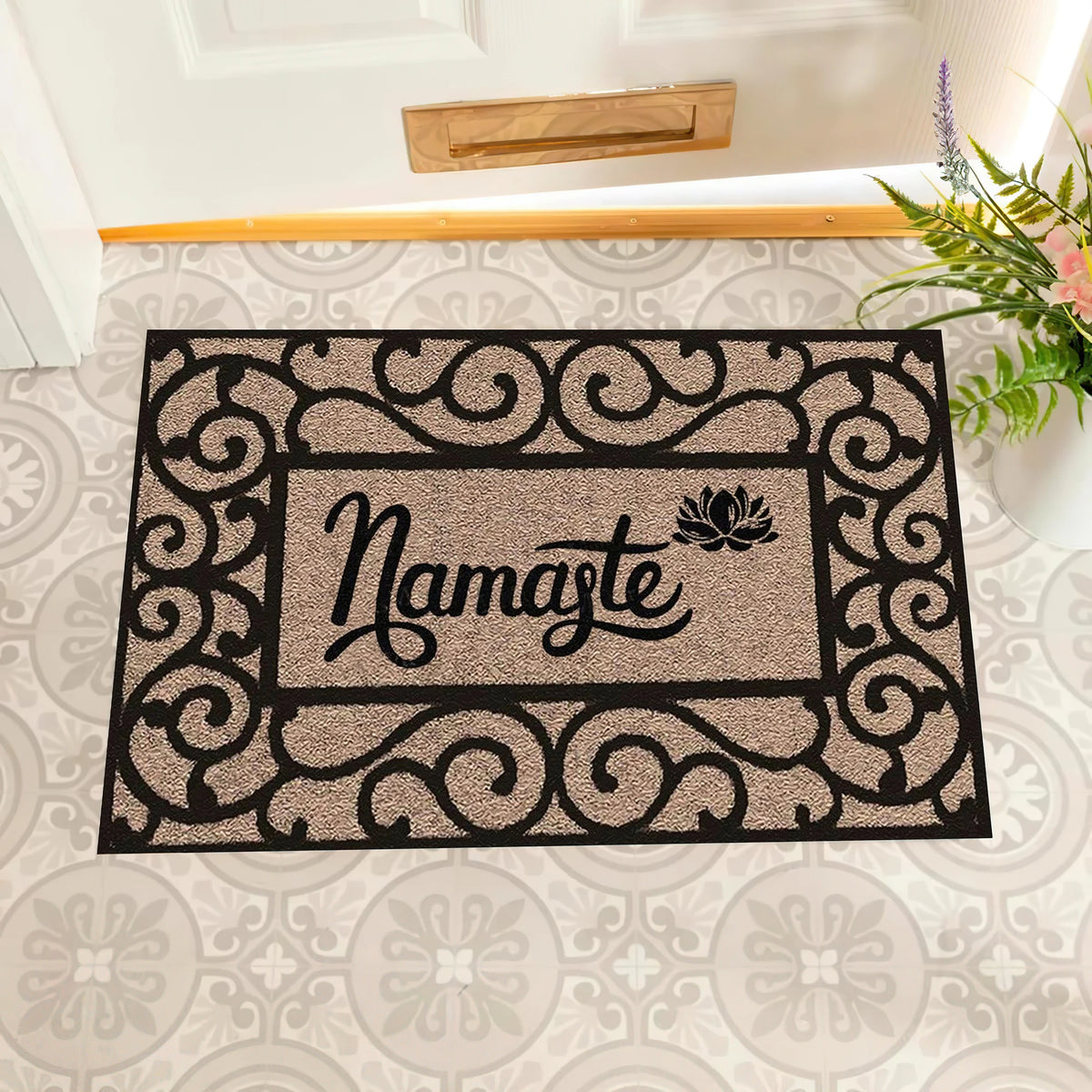 tapis d'entrée beige motif floral antidérapant adhésif moderne classiqueextérieur résistant