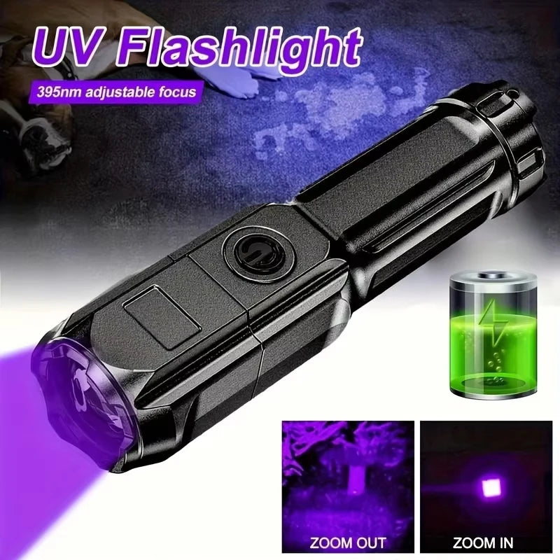 lampe torche uv rechargeable 395nm noir texturé modernes modes lumineux haut bas clignotant