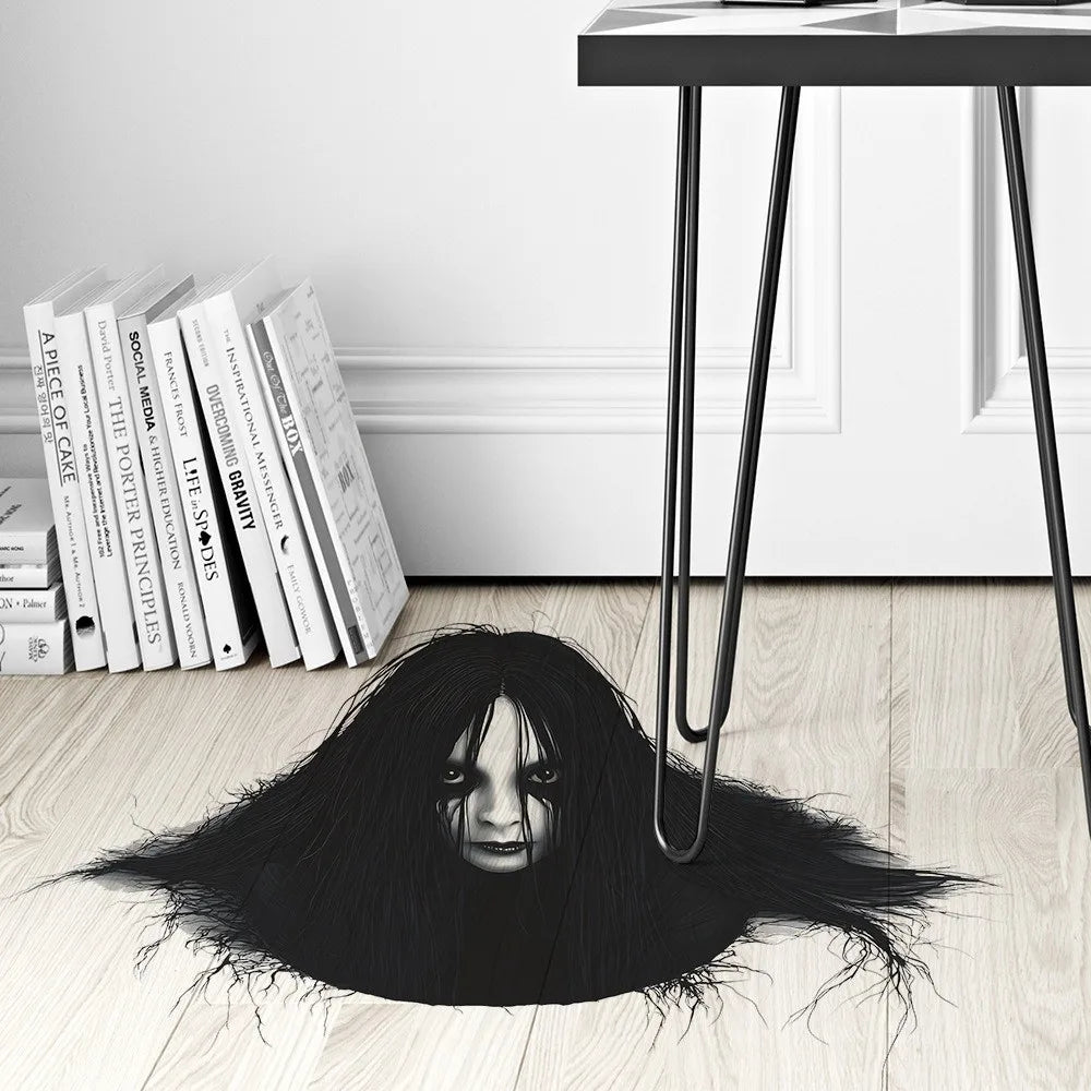 décoration murale horreur visage effrayant adhésif autocollant noir cheveux longs fantôme opacité 41cm 57cm