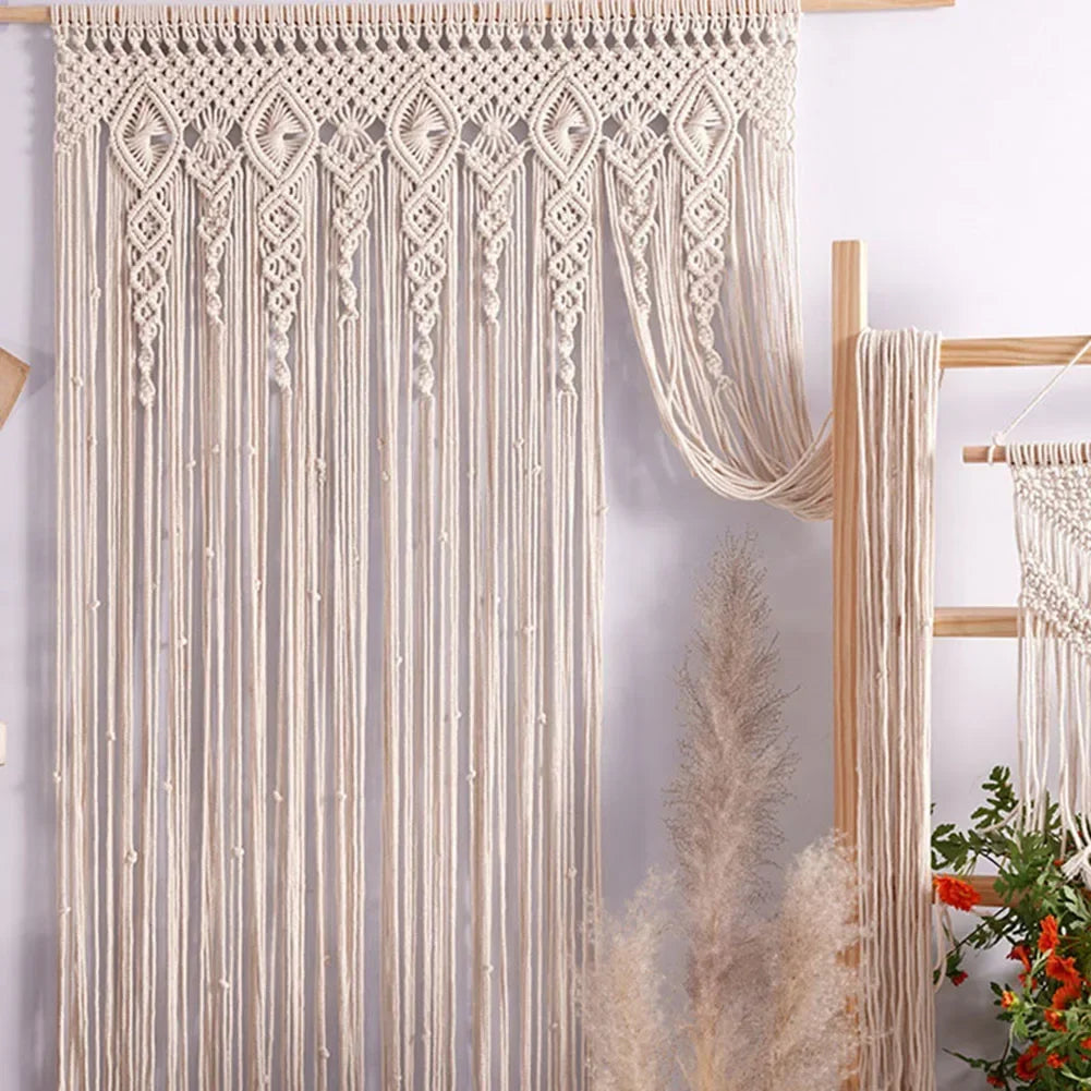 rideau macramé boho chic beige motifs géométriques 100x200cm opacité tissu coton polyester decoration interieur