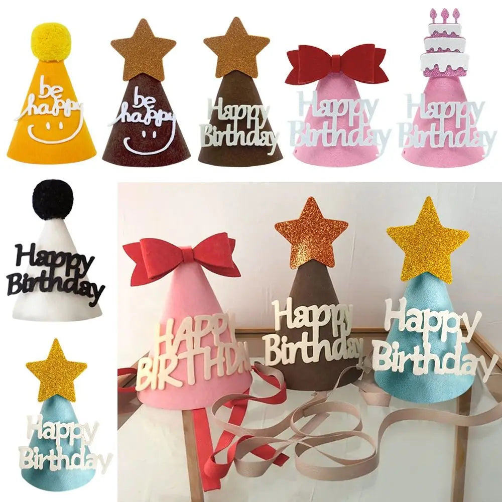 chapeau festif happy birthday étoiles dorées rubans pompons sourires