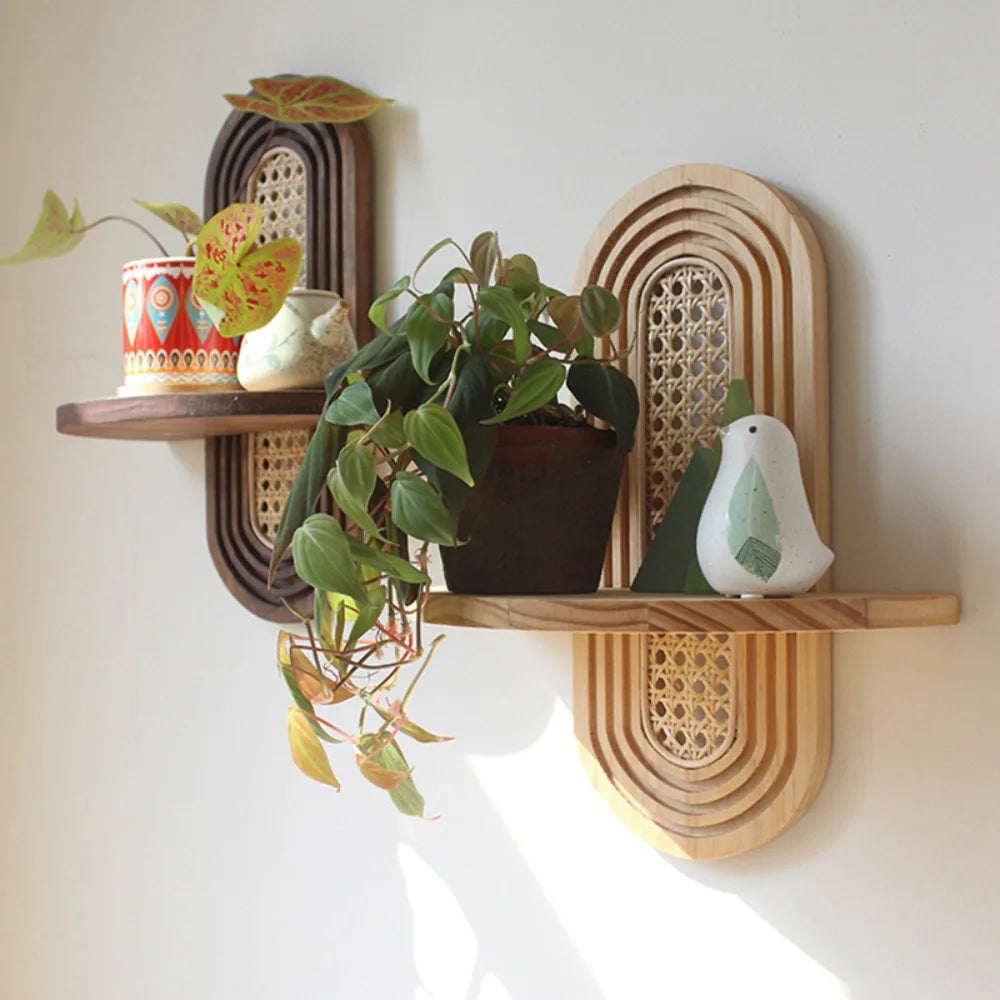 étagère murale bois naturel vintage rétro géométrique cercles concentriques décoration intérieure légère déco