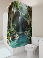 rideau douche moderne cascade paysagère bleu clair vert rochers opacité crochets