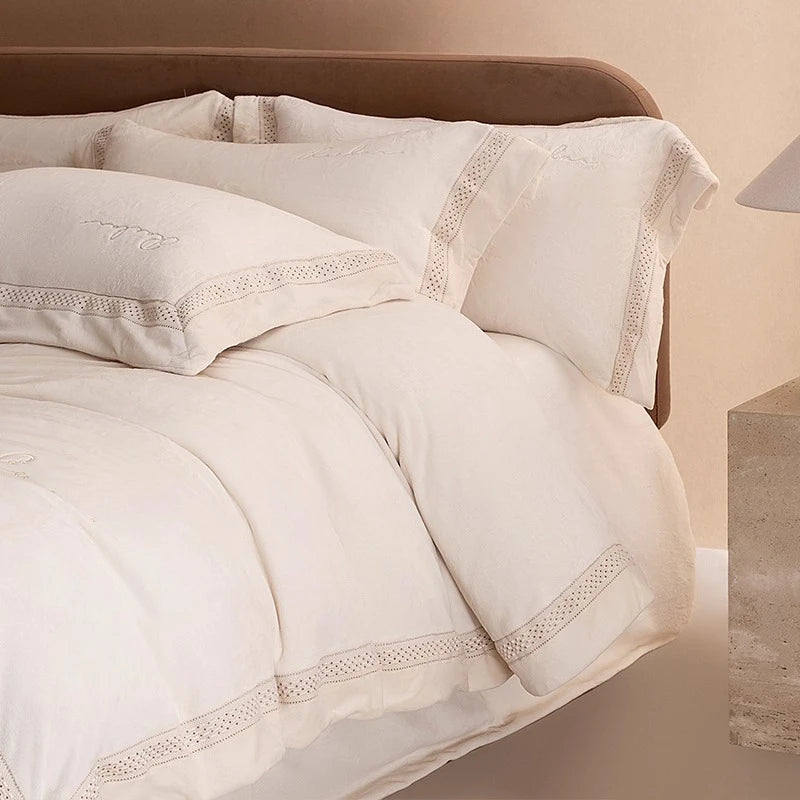 ensemble literie flanelle beige motif brodé simple housses couette taies d'oreiller drap plat classique