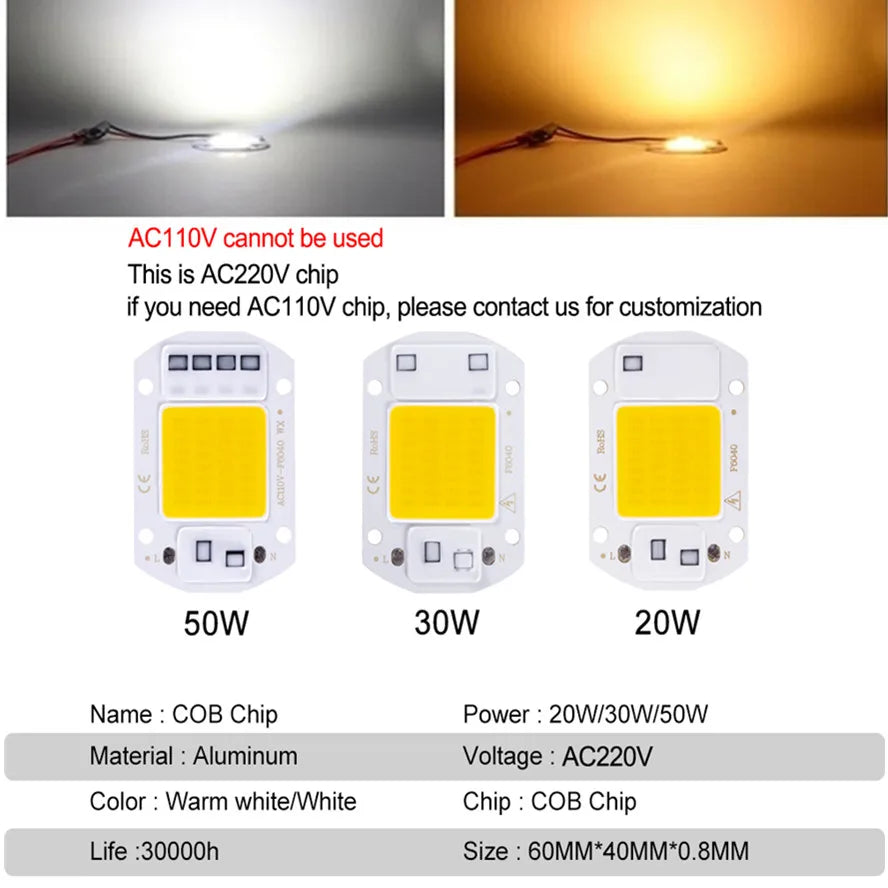 Chip LED COB 10W 20W 30W 50W blanc blanc chaud smart ic diyeasy montage