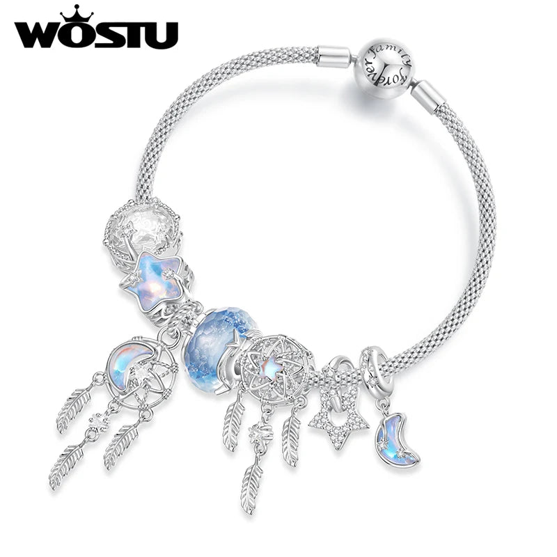 bracelet pendentif floraux étoiles lune strass argenté bleu romantique fantaisie