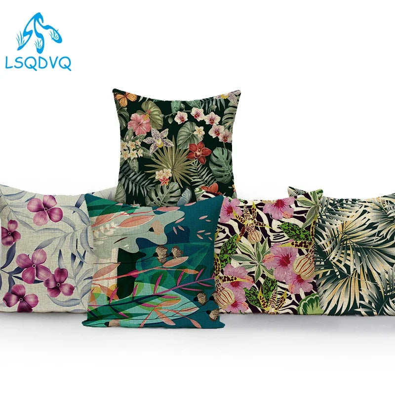 coussin décoratif carré motif fleurs feuilles tropicales moderne salon canapé lit maison textile coton