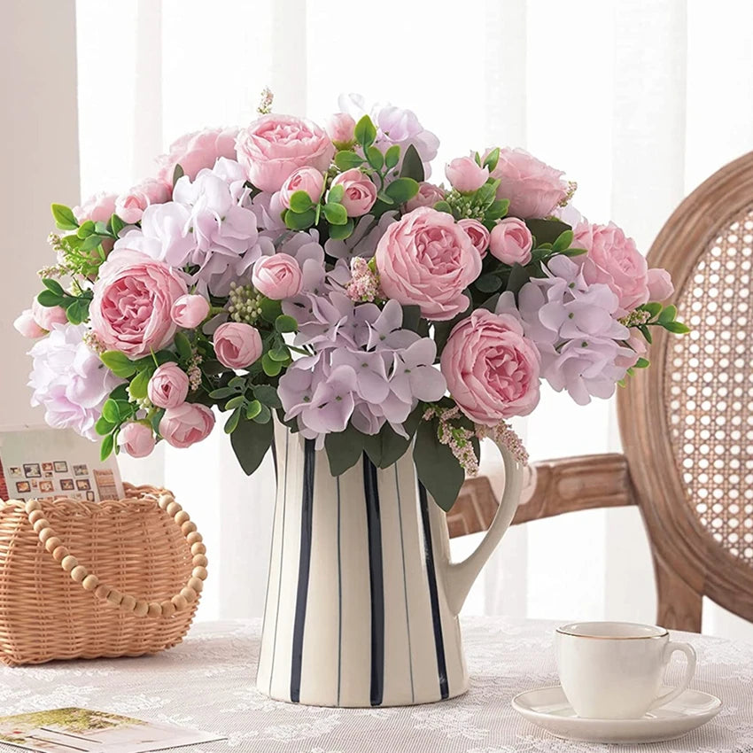 bouquets fleurs artificielles pivoine roses hortensias vases décor maison anniversaire mariage