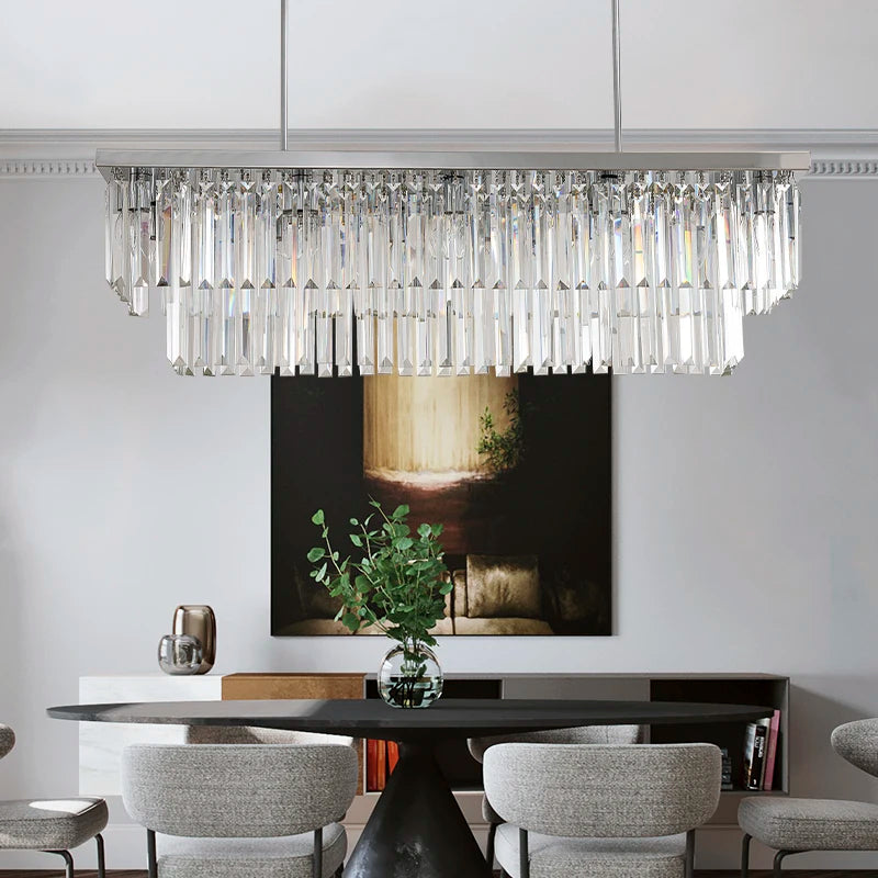 Suspension lumineuse moderne cristal transparent doré chaînes métalliques led 100 120 cm