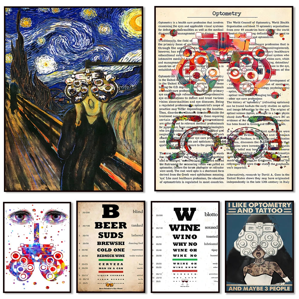 Cette image composite présente des éléments liés à l'optométrie, au vin et à la bière, ainsi qu'un slogan humoristique faisant référence à l'optométrie et aux tatouages.