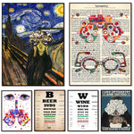 Cette image composite présente des éléments liés à l'optométrie, au vin et à la bière, ainsi qu'un slogan humoristique faisant référence à l'optométrie et aux tatouages.