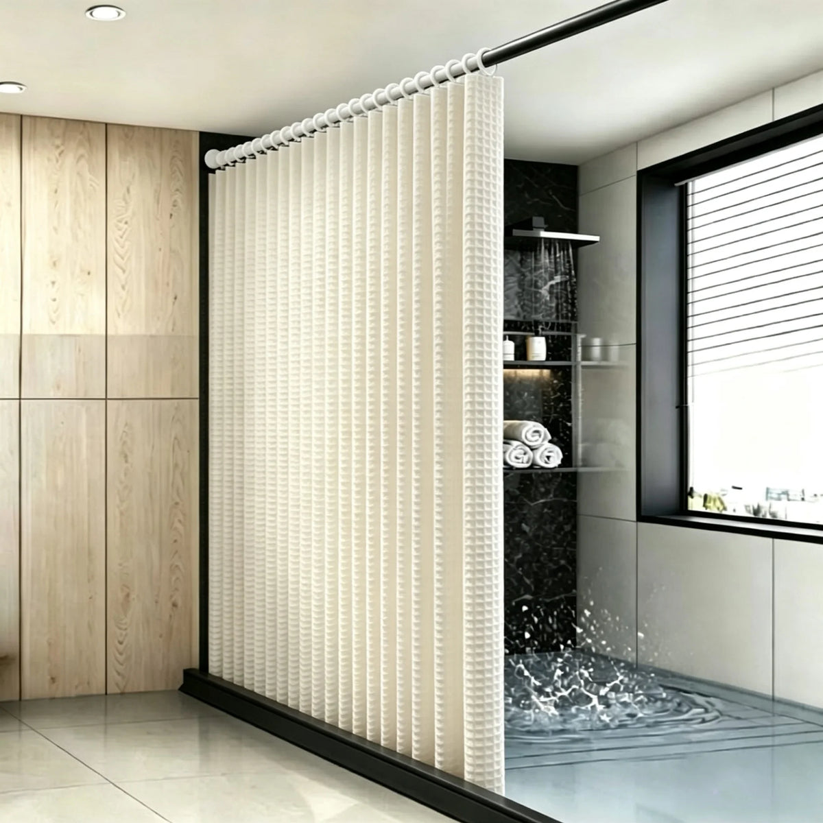 rideau douche blanc moderne polyester gaufre triangles relief opaquant eyelets respectueux environnement