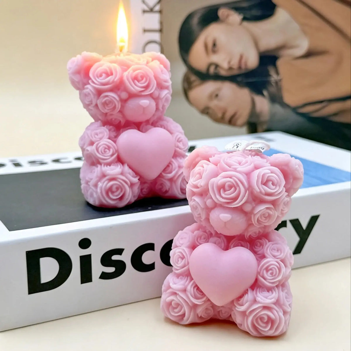 bougies parfumées ours rose cire soja décor modernes détails floraux cœur relief