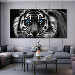 toile d'art moderne tête tigre noir blanc yeux bleus impression toile rectangle horizontal sans