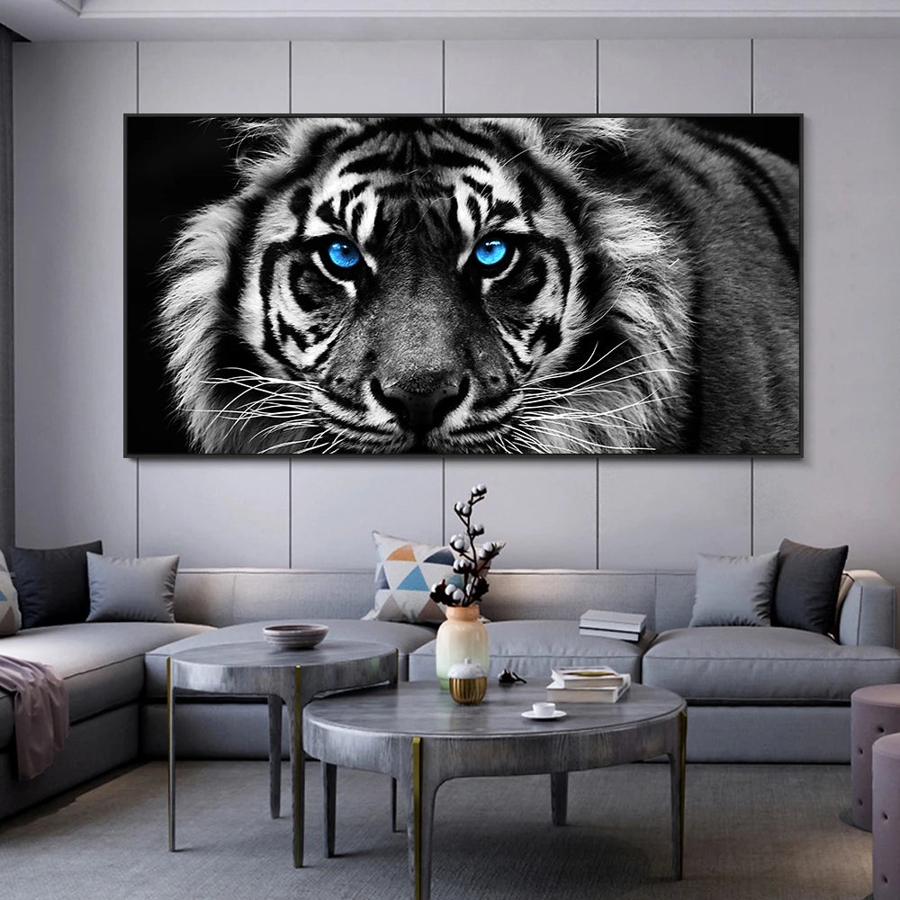 toile d'art moderne tête tigre noir blanc yeux bleus impression toile rectangle horizontal sans