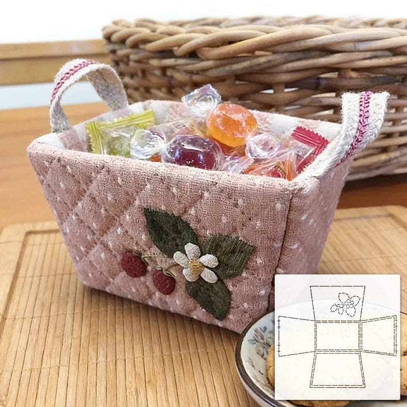 panier rectangulaire rustique motifs carreaux rayures texturé rose beige violet vert blanc