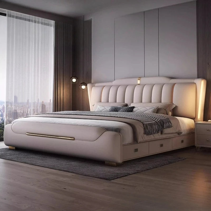 lit double simili cuir moderne beige gris pieds dorés tiroirs intégrés structure bois