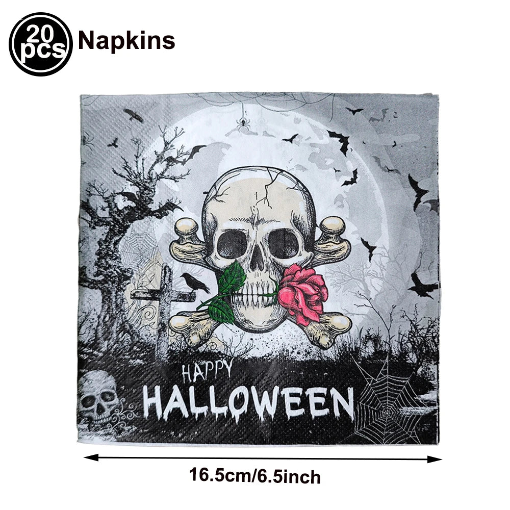 serviettes papier halloween motifs citrouille fantôme crâne main ensanglantée sorcière chauve souris cocktail