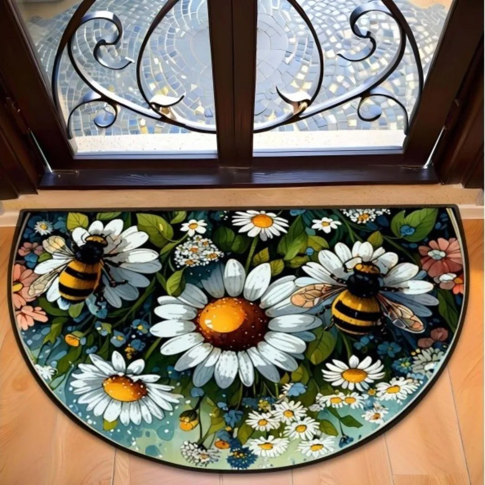 tapis porte demi rond motif floral moderne antidérapant lavable divers couleurs abeilles mandala