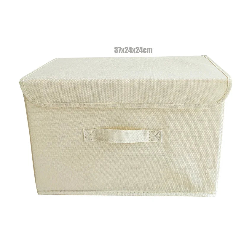 boîte rangement pliable tissu lin gris beige couvercle poignées vêtements