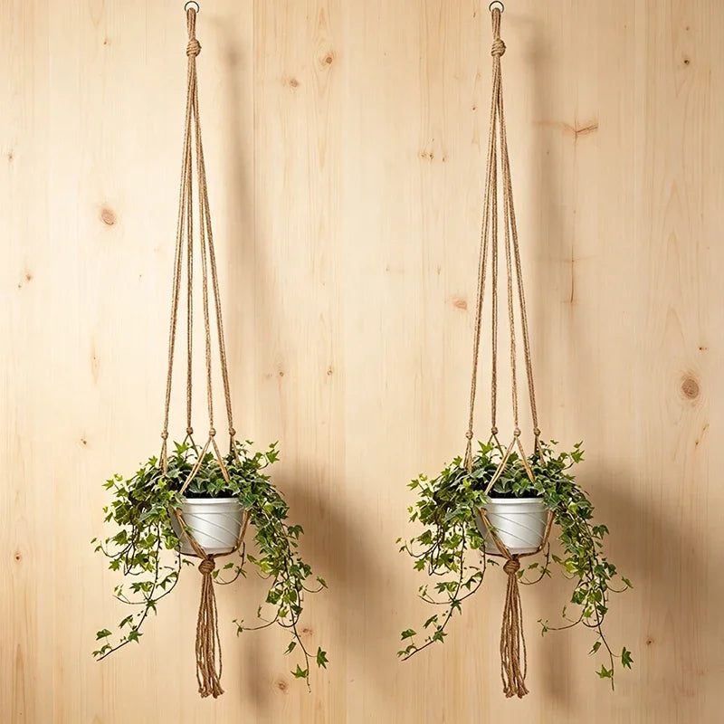 Macramé suspendu tissé main boho pots blancs plantes vertes noirs