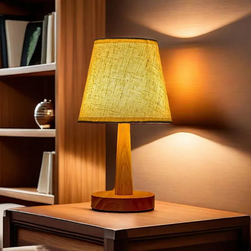 lampe table bois naturel tissu géométrique moderne minimaliste abat jour led clip chambre salon