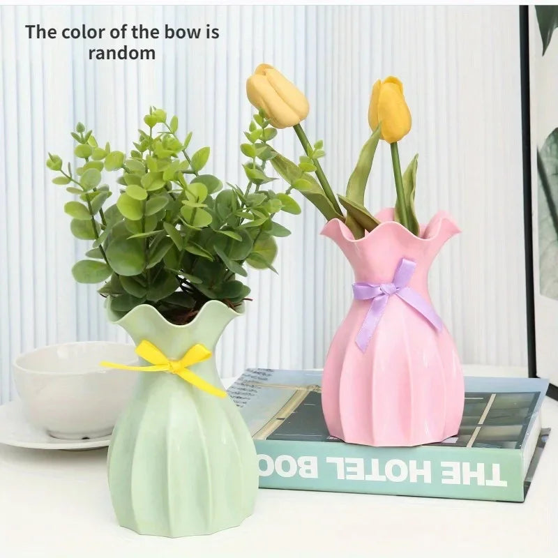 vase moderne plissé vert clair rose jaune rouge blanc plastique ruban satin fixations incluses