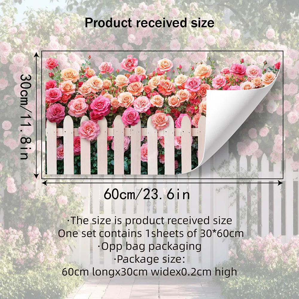 décoration murale sticker floral rose feuillage clôture verte jardin romantique moderne 30x60cm