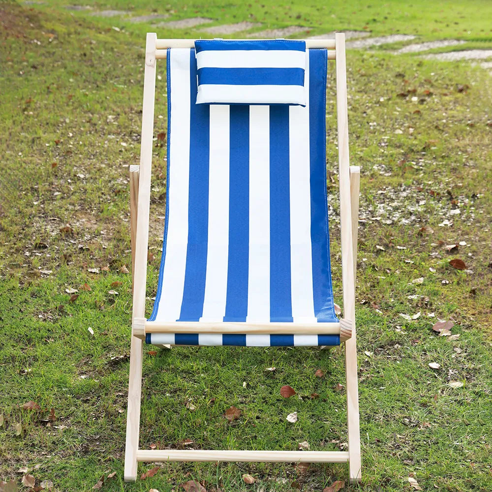 chaise longue pliable bois massif toile rayée plateau d'appoint plage