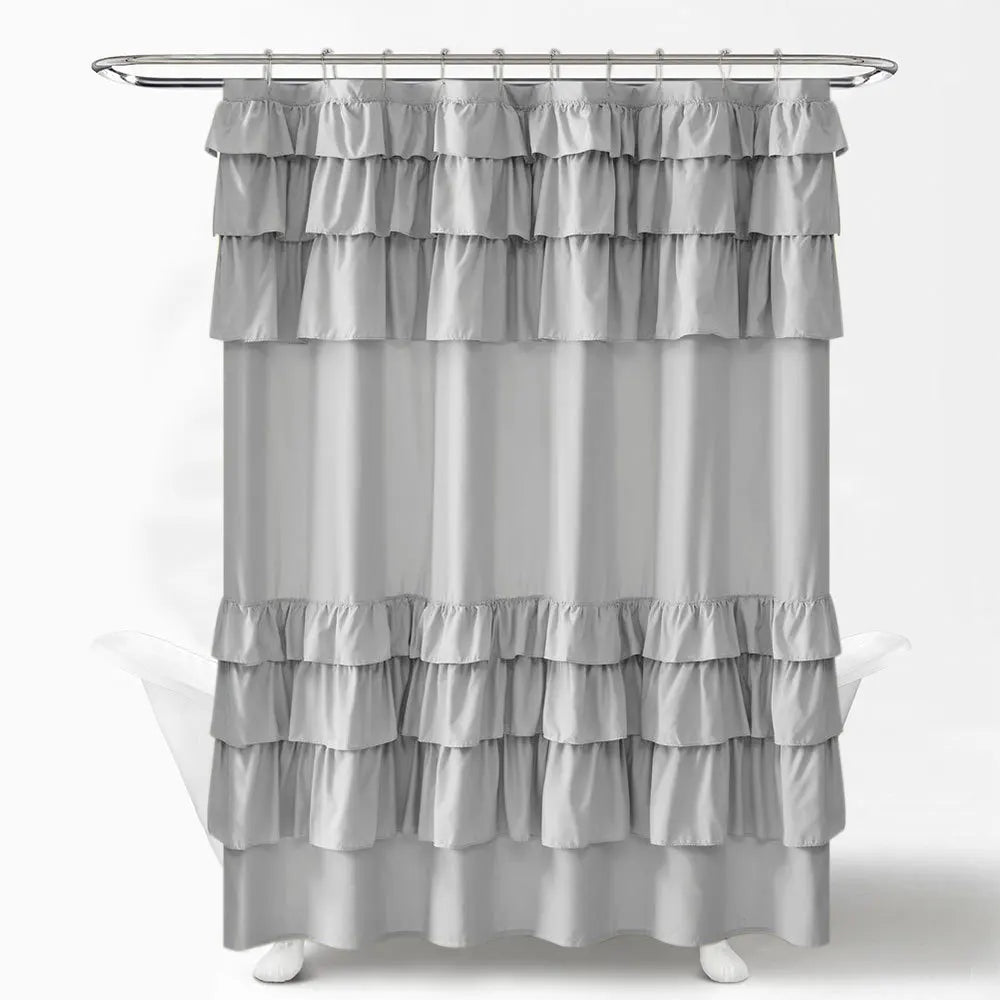 rideau douche blanc volants gris rose classique opacité anneaux métalliques respectueux environnement moderne