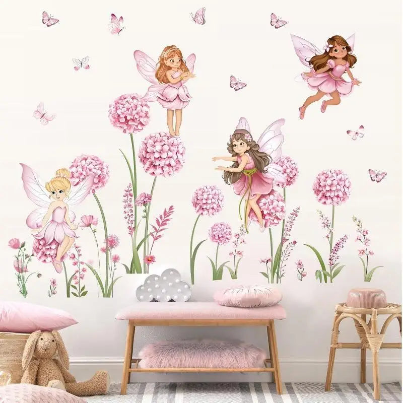stickers muraux dessin animé rose blanc fleurs papillons fées chambre enfant décoration maison adhésifs