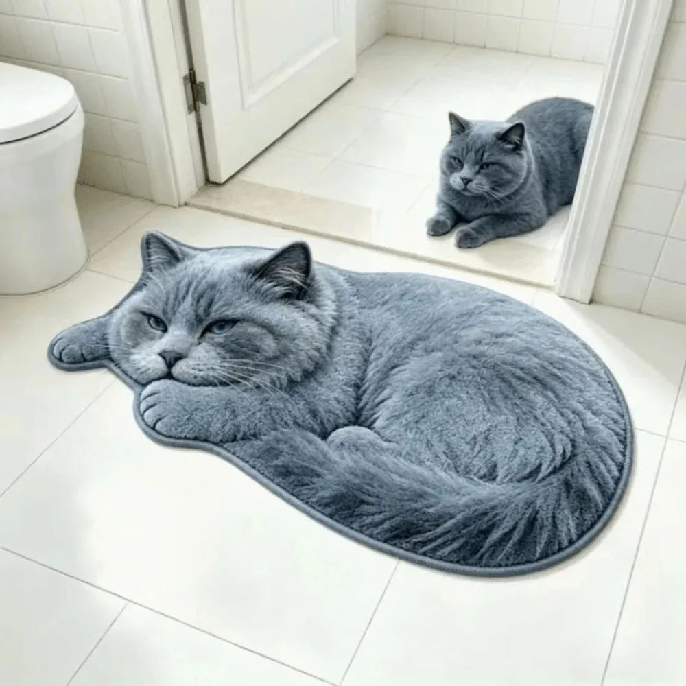 tapis imprimé chat allongé gris beige antidérapant salon salle bain corridor