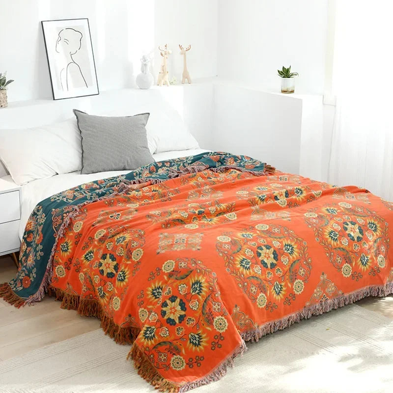 couverture coton boho chic motif floral orange bleu beige printemps automne anti boulochage utilisation