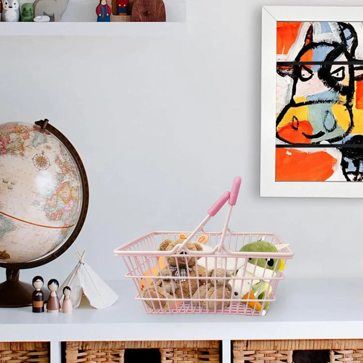 panier rangement rose clair réutilisable fer moderne minimaliste poignées détachables cosmétiques bijoux stockage fille