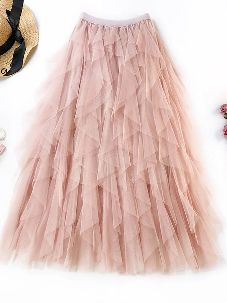 jupe féminine tulle élégante bleu clair noir rose pâle translucide plissée haute élasticité coton
