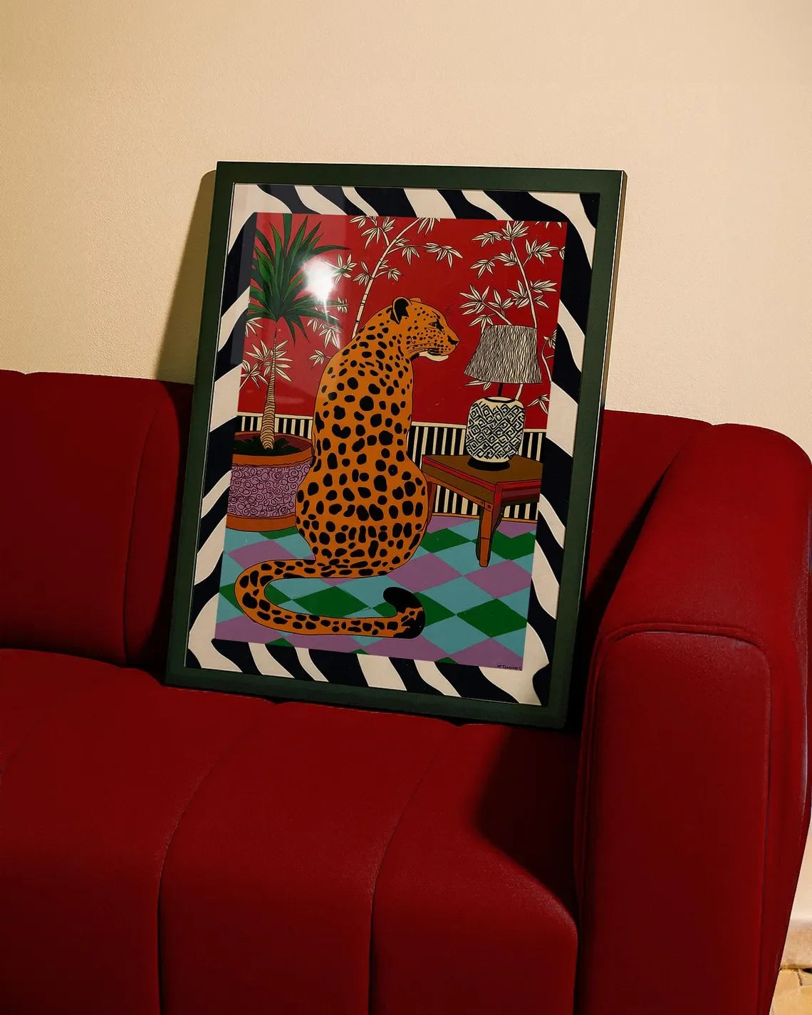 tableau moderne léopard pop art géométrique couleur rouge beige opaque vertical