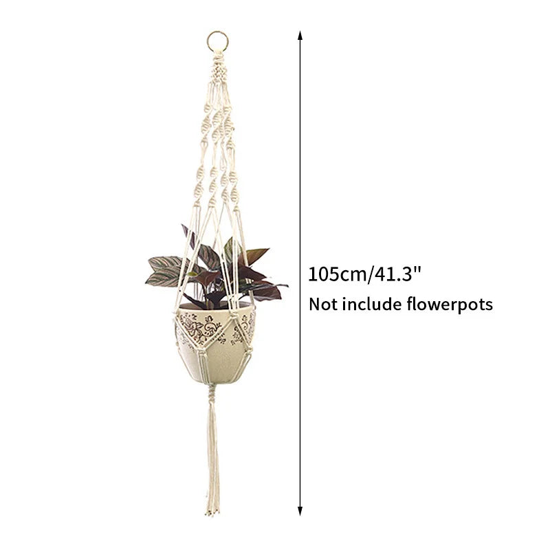Macramé suspendu plante boho tissé main motifs géométriques anneaux métalliques