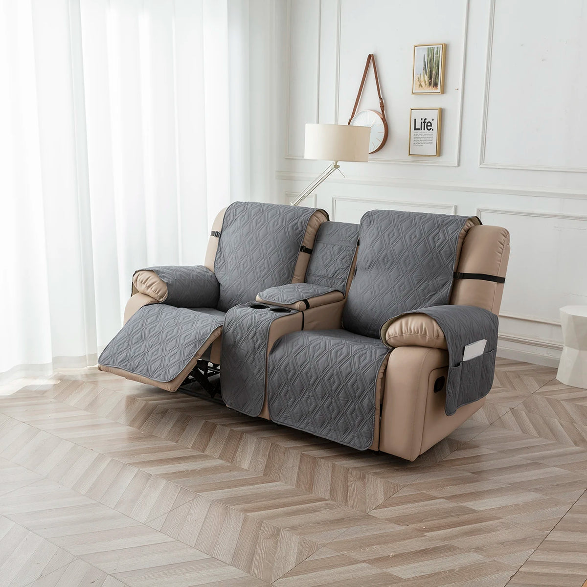 couvre siège fauteuil inclinable gris beige texture géométrique moderne bandes ajustables poche pratique