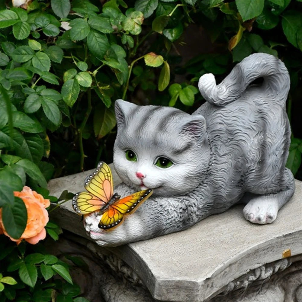 statue jardin solaire chat papillon lumiere animale deco patio balcon ornement réaliste mignonextérieur résine
