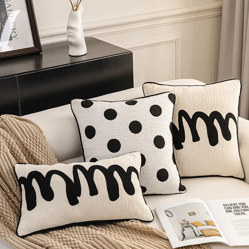 housse coussin polyester géométrique jacquard noir blanc moderne salon décoration