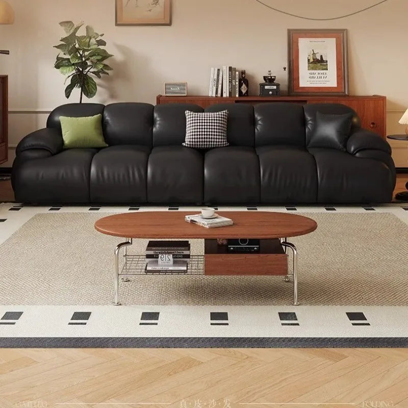 Canapé moderne simili cuir noir profond 70cm coussins